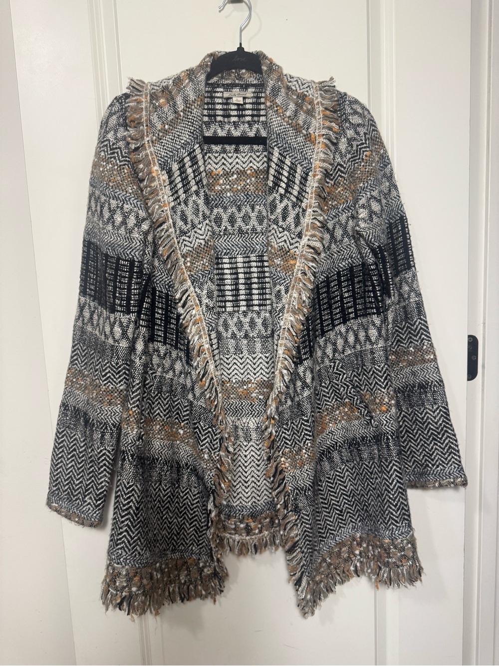 Lucky Brand Women’s Knit Open Front Shawl Collar Fringe Cardigan Sweater L